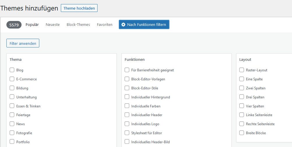 WordPress Themes nach Fanktion  filtern